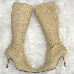 Snake Skin Cream Knee-High Boots